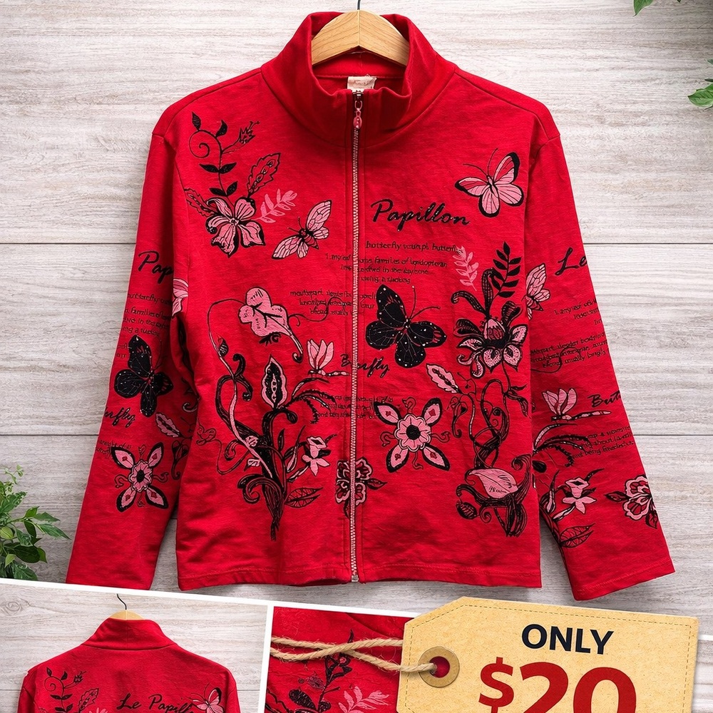 Women’s Red Butterfly Zip-Front Utility Jacket